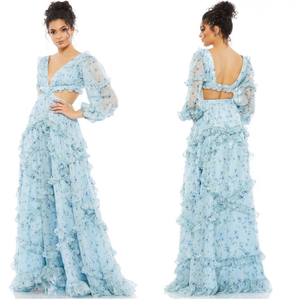 Mac Duggal 70249 Ruffle Tiered Floral Cutout Long Sleeve Gown NWT Blue